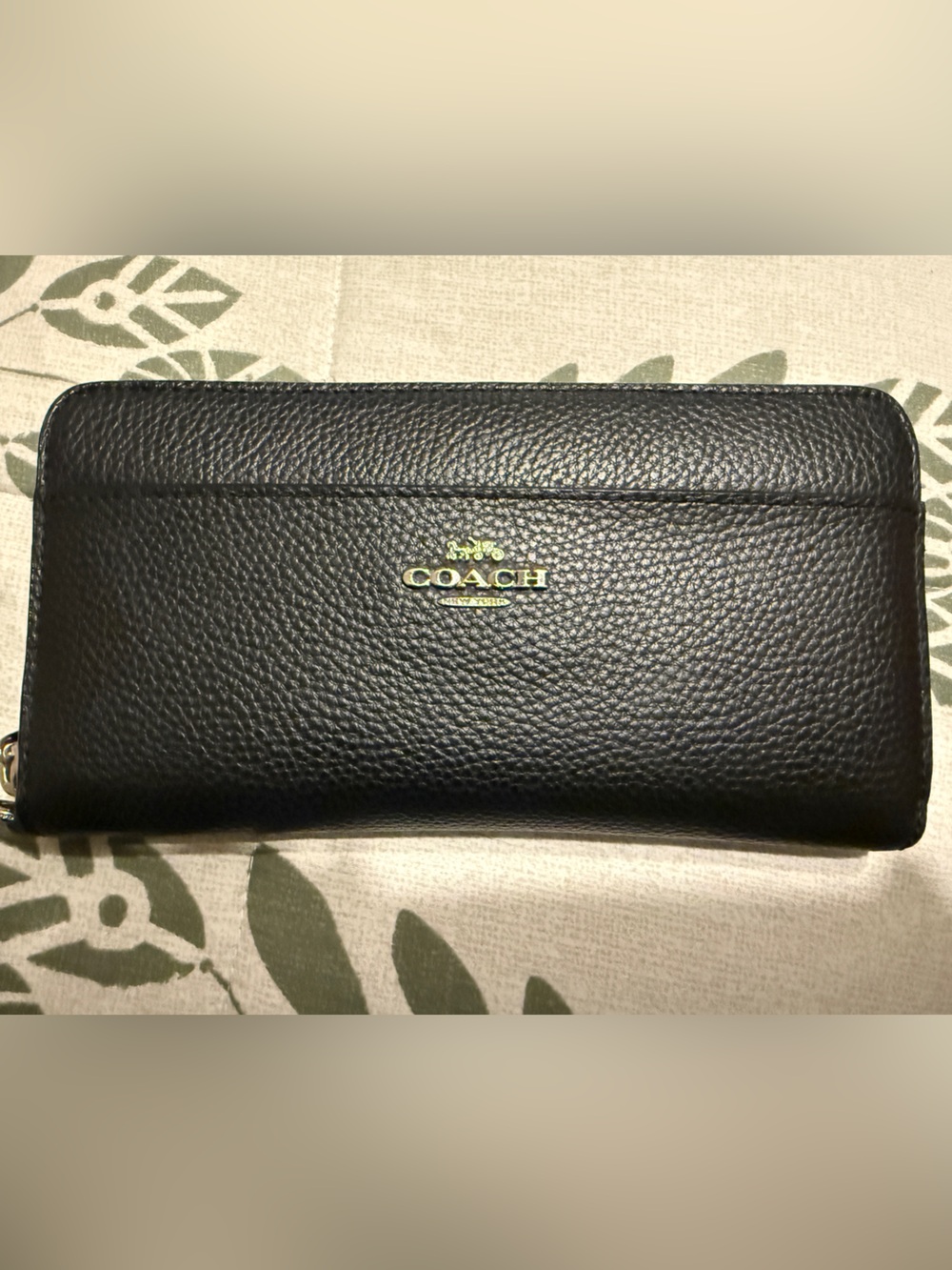 Coach Black Pebbled Leather Zip-Around Wallet with Gold Logo
